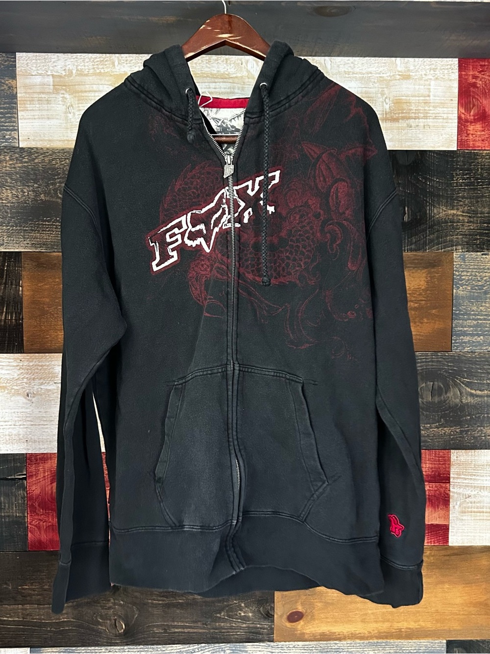Fox racing dragon Black Zip-Up Hoodie with Red Graphic XL Y2K vintage